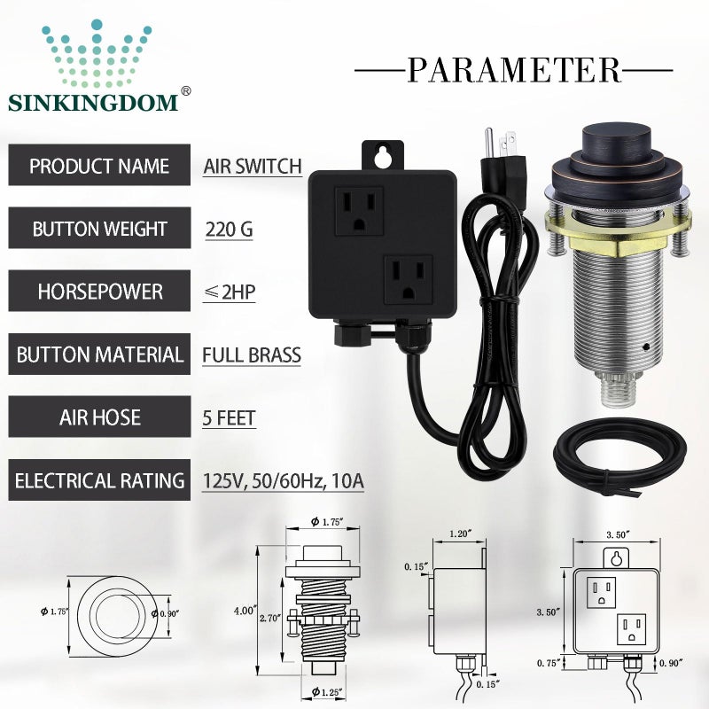 SINKINGDOM SinkTop Air Switch Kit (Long Full Brass Button) for Disposal, Dual Outlet, (Oil Rubbed Bronze) - Image 3
